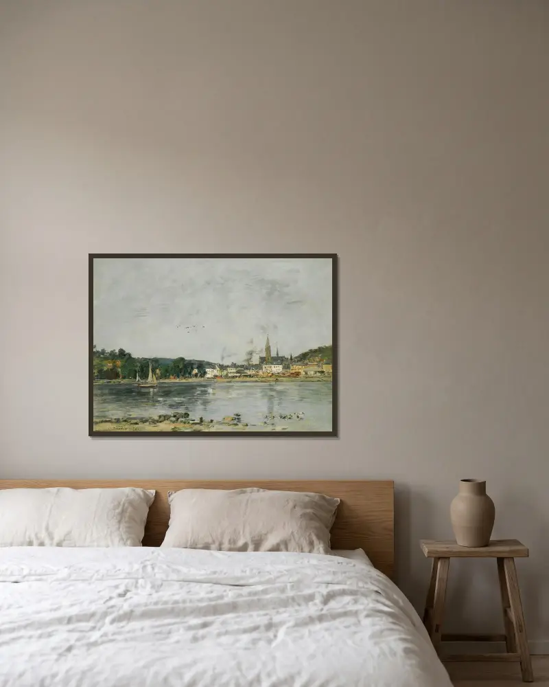 Caudebec-en-Caux, kajen vid Seine av Eugène Boudin inramad på en vägg