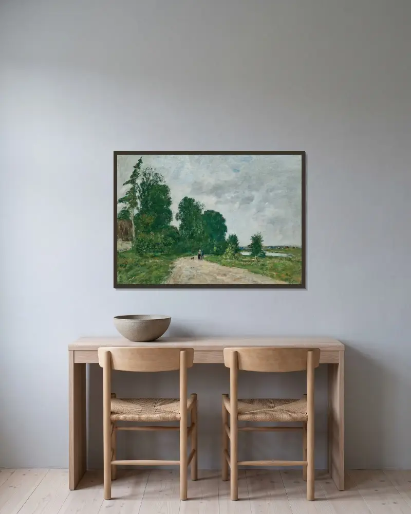Livlig väg vid floden av Eugène Boudin inramad på en vägg