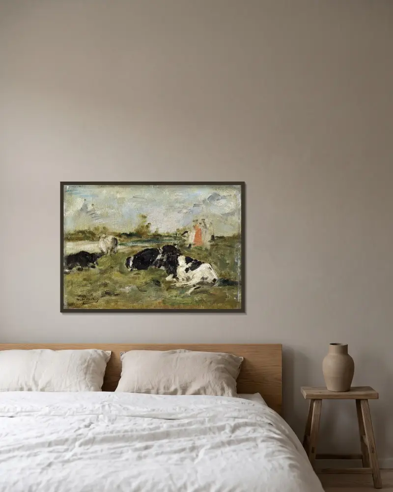 Kor på äng av Eugène Boudin inramad på en vägg