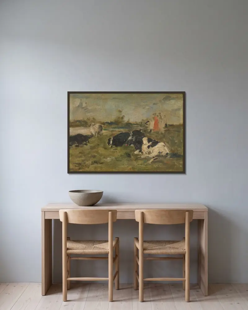 Kor på ängen av Eugène Boudin inramad på en vägg