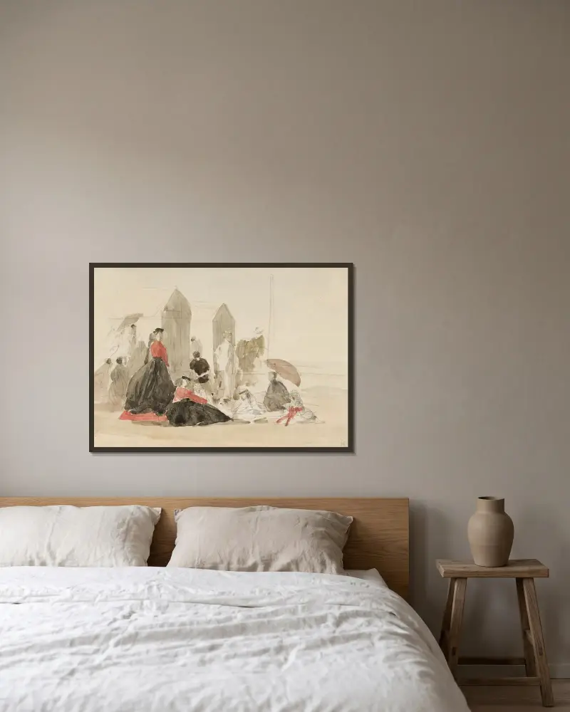 Krinoliner och strandhytter av Eugène Boudin inramad på en vägg
