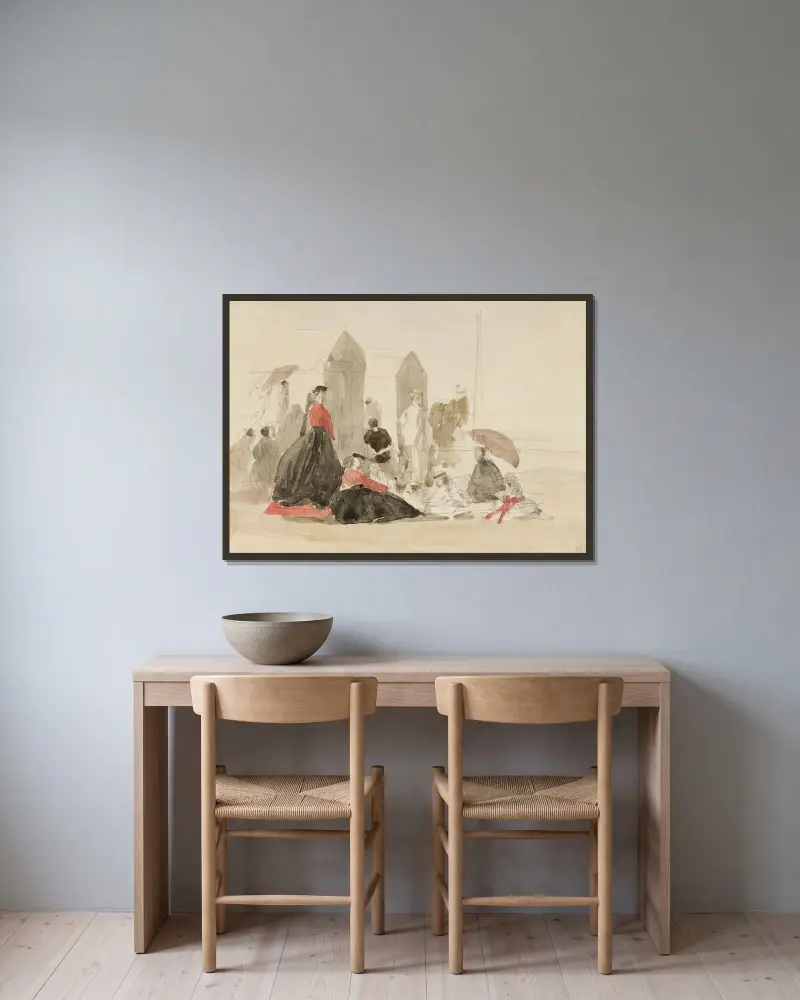 Krinoliner och strandhytter av Eugène Boudin inramad på en vägg