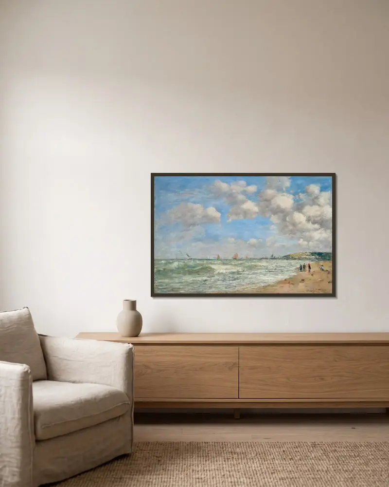 Deauville, stranden vid högvatten av Eugène Boudin inramad på en vägg