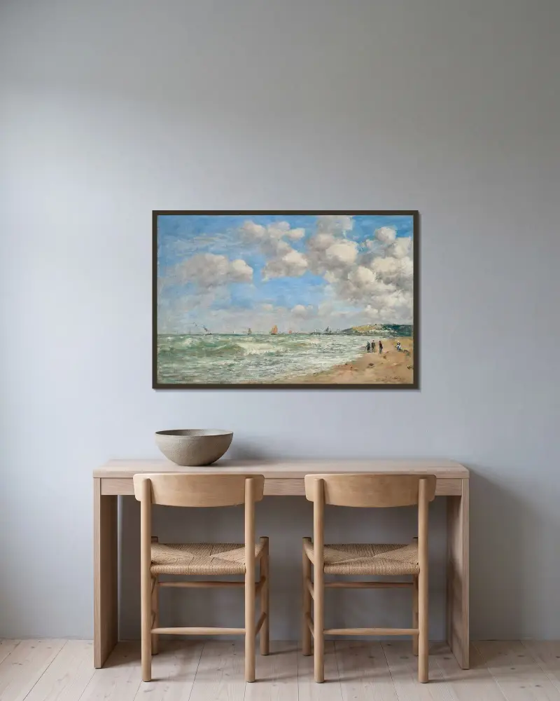 Deauville, stranden vid högvatten av Eugène Boudin inramad på en vägg