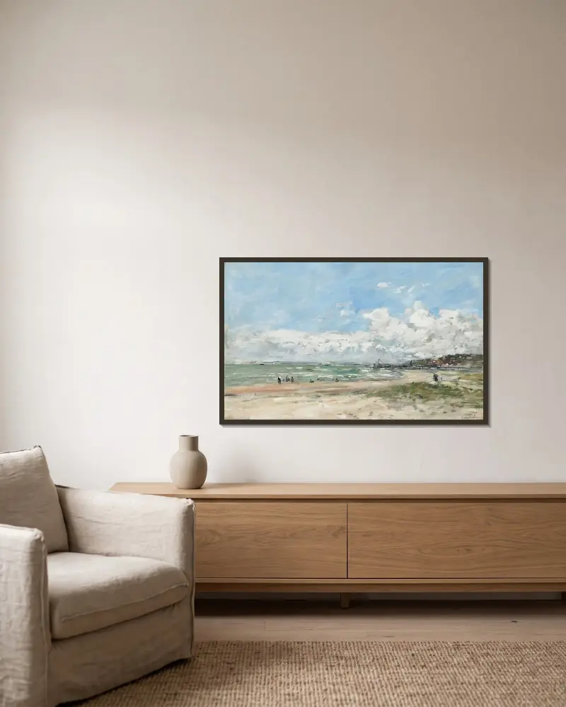 Deauville, stranden av Eugène Boudin inramad på en vägg