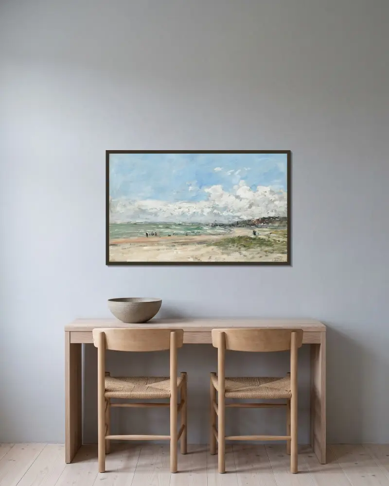 Deauville, stranden av Eugène Boudin inramad på en vägg