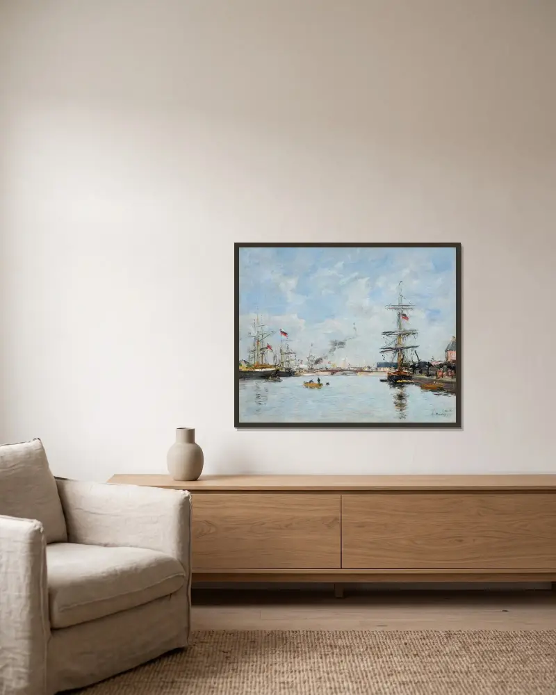 Deauville, bassängen vid högvatten av Eugène Boudin inramad på en vägg