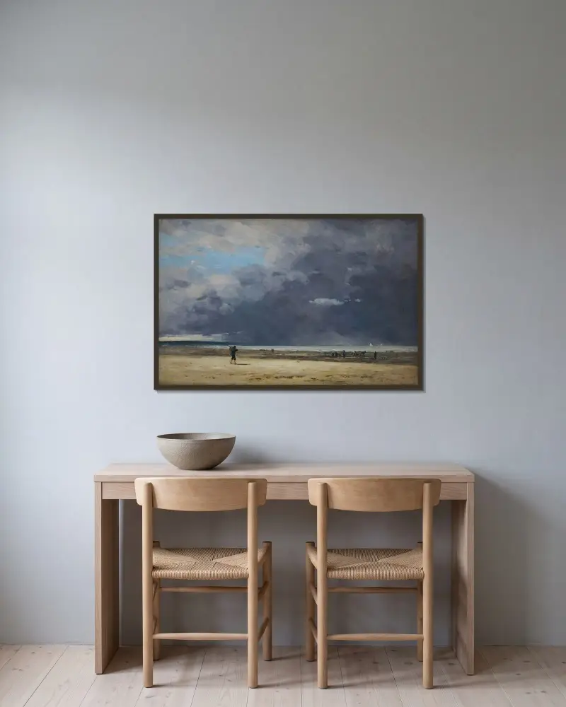 Deauville, lågvatten av Eugène Boudin inramad på en vägg