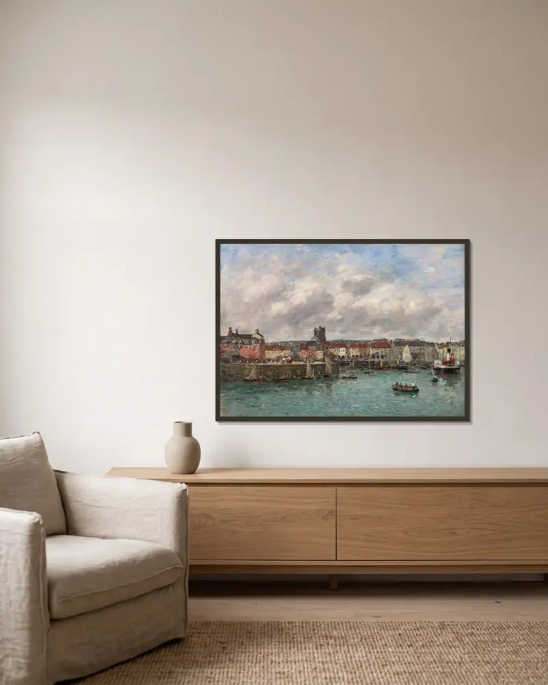 Dieppe. Hamnen, vy från Pollet av Eugène Boudin inramad på en vägg