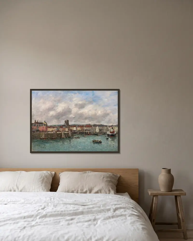 Dieppe. Hamnen, vy från Pollet av Eugène Boudin inramad på en vägg