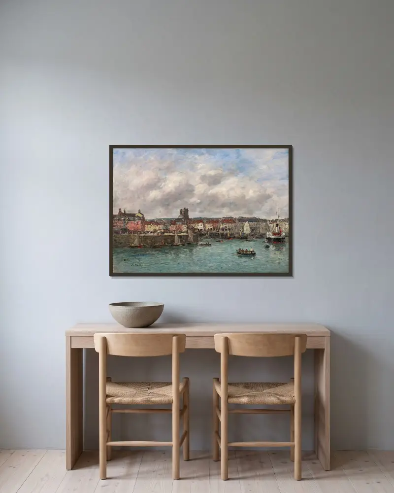 Dieppe. Hamnen, vy från Pollet av Eugène Boudin inramad på en vägg
