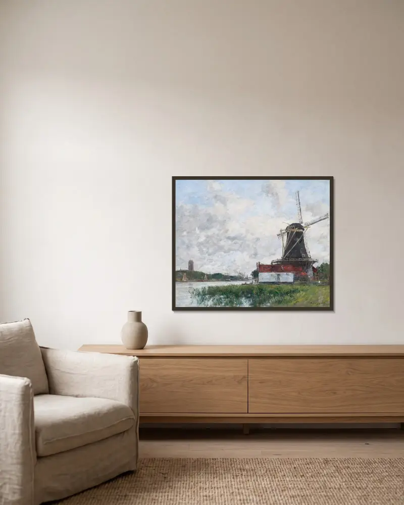 Dordrecht, kvarn vid Maas strand av Eugène Boudin inramad på en vägg
