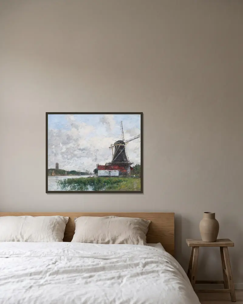 Dordrecht, kvarn vid Maas strand av Eugène Boudin inramad på en vägg