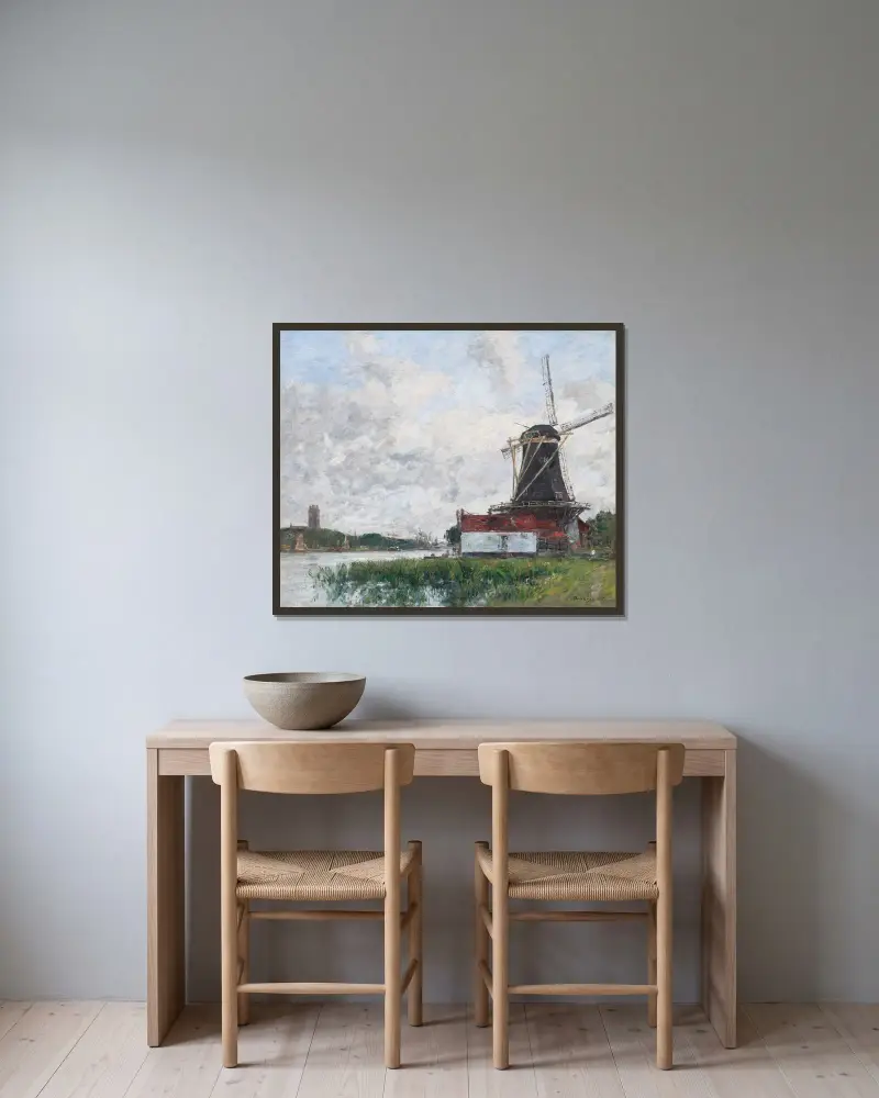Dordrecht, kvarn vid Maas strand av Eugène Boudin inramad på en vägg