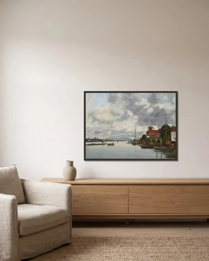 Dordrecht, bro över Maas av Eugène Boudin inramad på en vägg