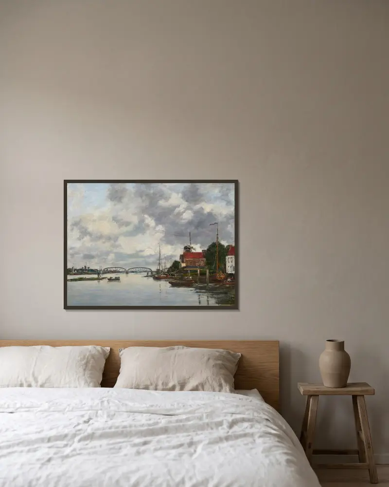 Dordrecht, bro över Maas av Eugène Boudin inramad på en vägg