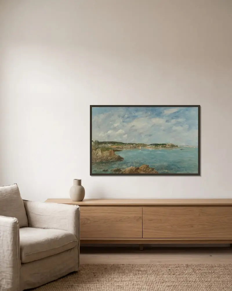 Douarnenez, viken, vy från Île Tristan av Eugène Boudin inramad på en vägg