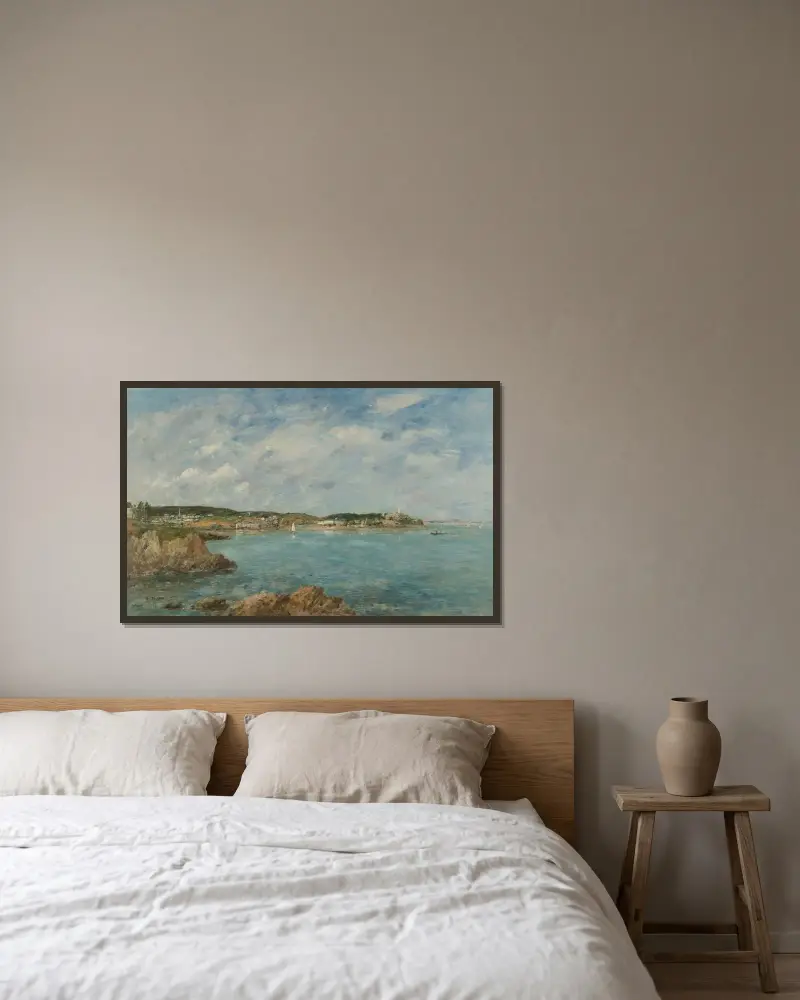 Douarnenez, viken, vy från Île Tristan av Eugène Boudin inramad på en vägg