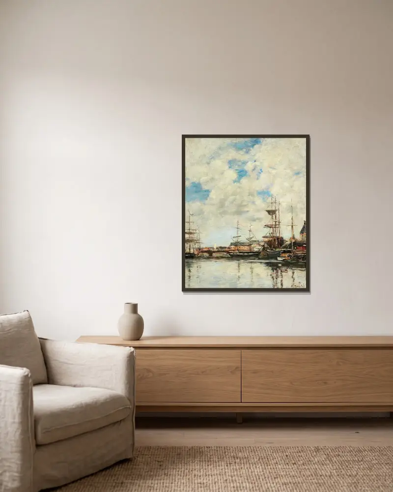 Dunkerque, segelbåtar vid kaj av Eugène Boudin inramad på en vägg
