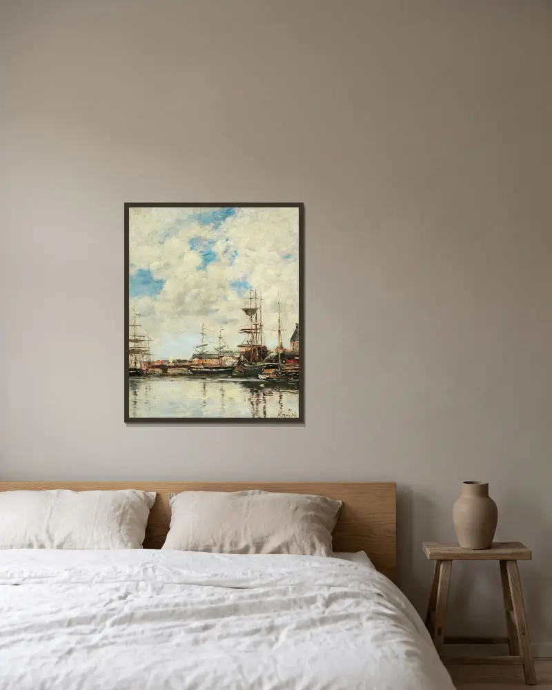 Dunkerque, segelbåtar vid kaj av Eugène Boudin inramad på en vägg