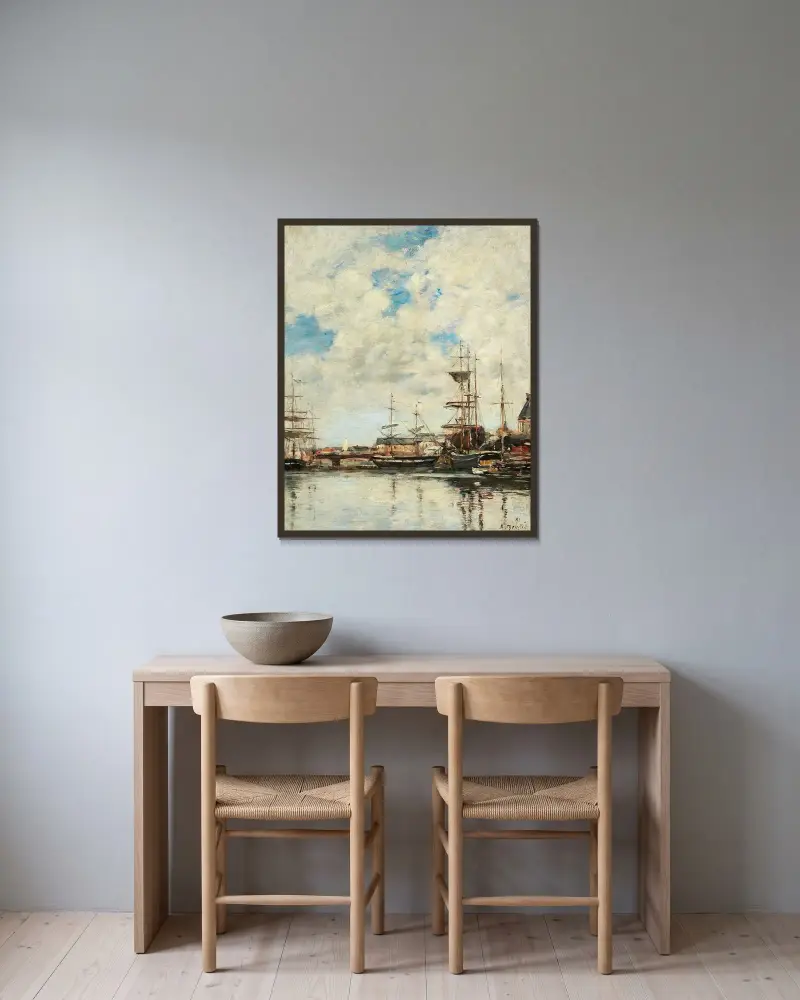 Dunkerque, segelbåtar vid kaj av Eugène Boudin inramad på en vägg