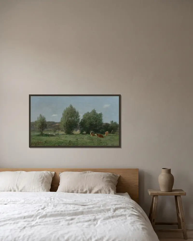 Omgivningar kring Honfleur, betesmark av Eugène Boudin inramad på en vägg