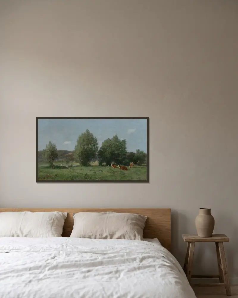 Omnejd kring Honfleur, betesmark av Eugène Boudin inramad på en vägg