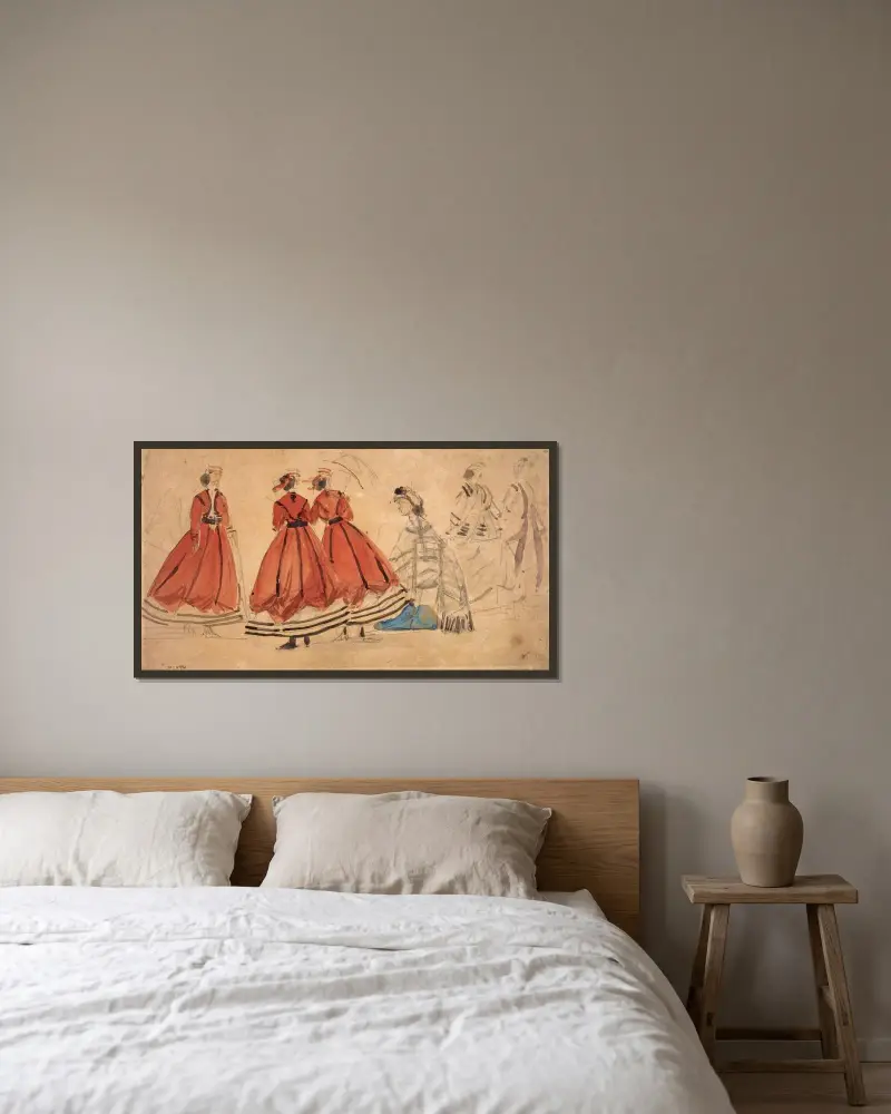 Studie av dräkter av Eugène Boudin inramad på en vägg