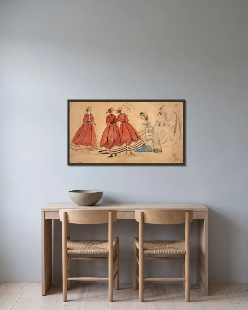 Studie av dräkter av Eugène Boudin inramad på en vägg