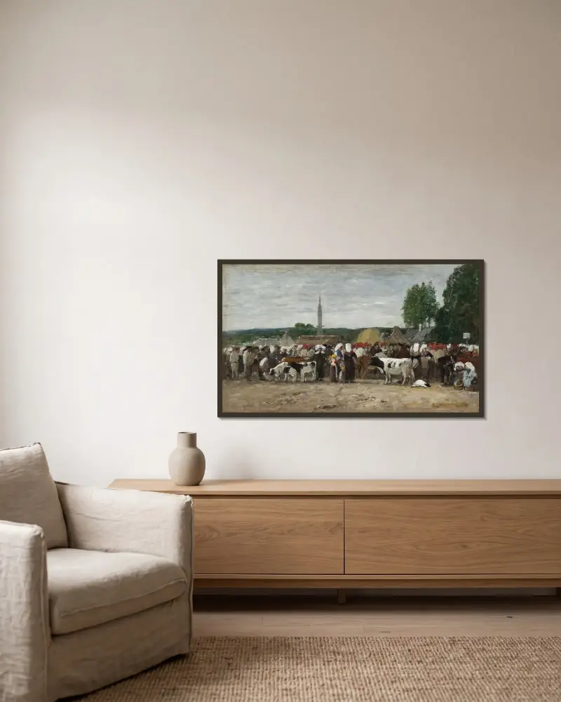 Marknad i Bretagne av Eugène Boudin inramad på en vägg