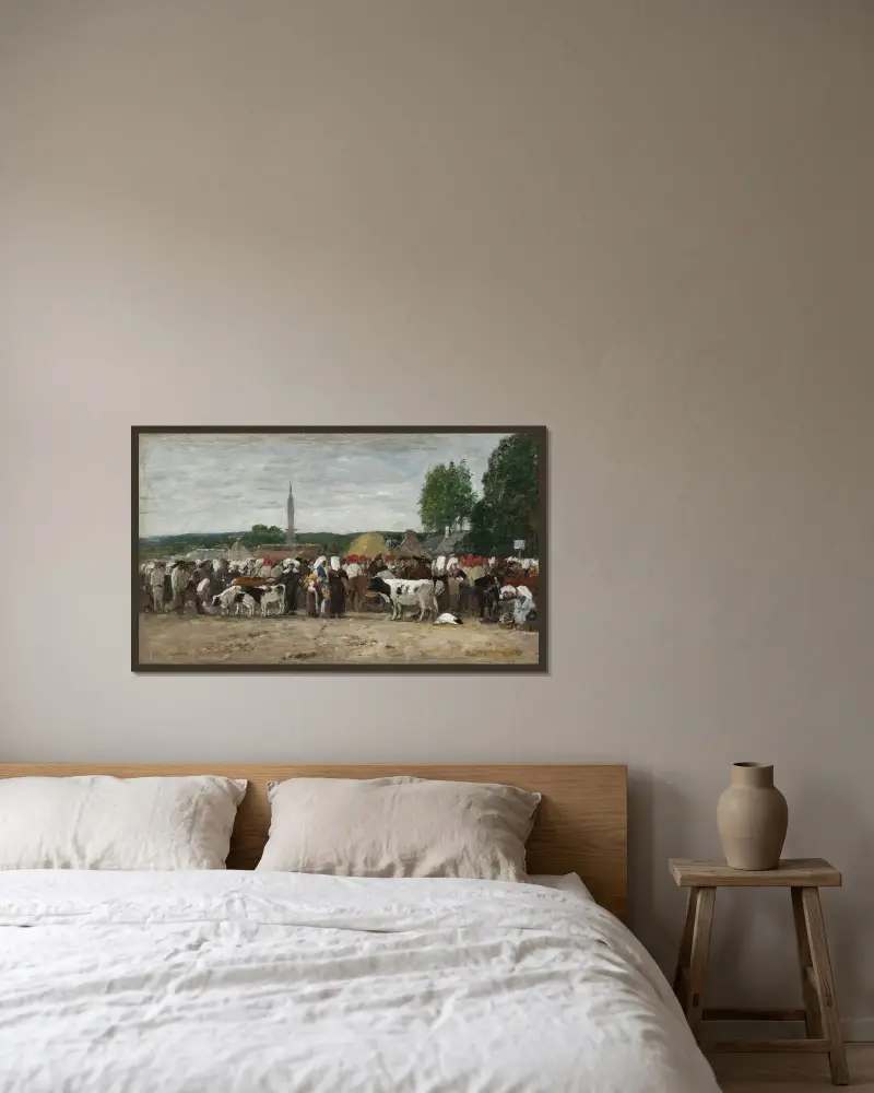 Marknad i Bretagne av Eugène Boudin inramad på en vägg
