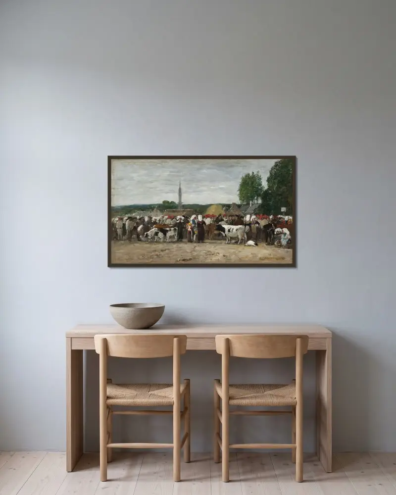 Marknad i Bretagne av Eugène Boudin inramad på en vägg