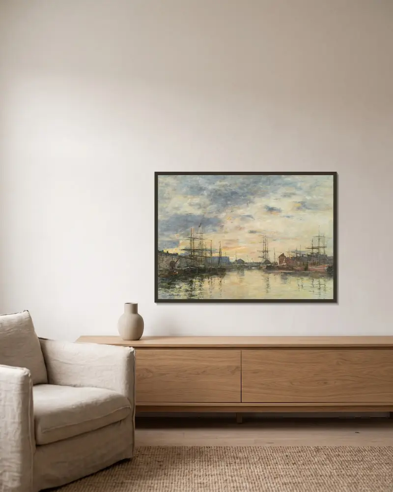 Fécamp, bassängen i solnedgång av Eugène Boudin inramad på en vägg