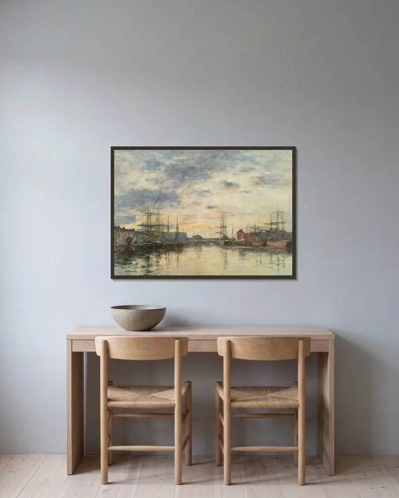 Fécamp, bassängen i solnedgång av Eugène Boudin inramad på en vägg