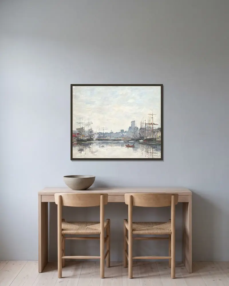 Fécamp, hamnen i dimma av Eugène Boudin inramad på en vägg