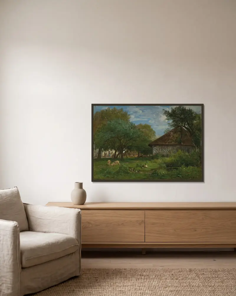 Gård i närheten av Honfleur av Eugène Boudin inramad på en vägg
