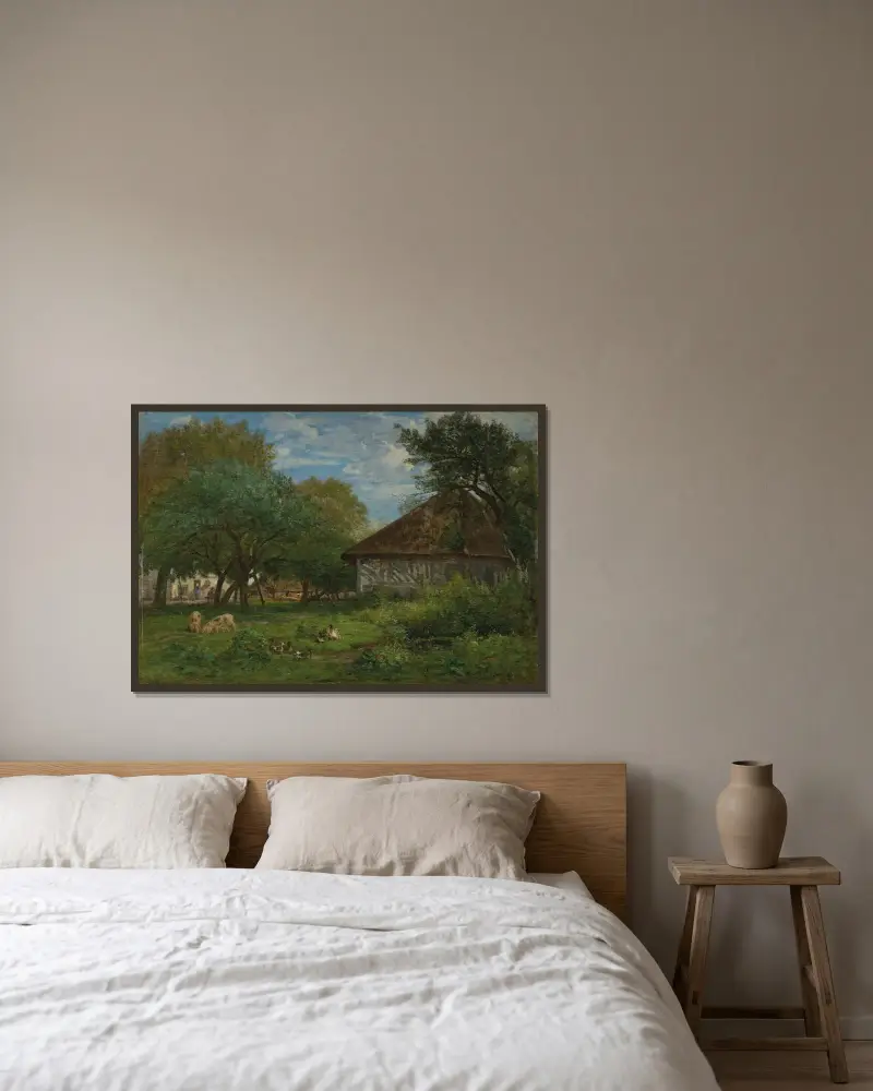 Gård i närheten av Honfleur av Eugène Boudin inramad på en vägg