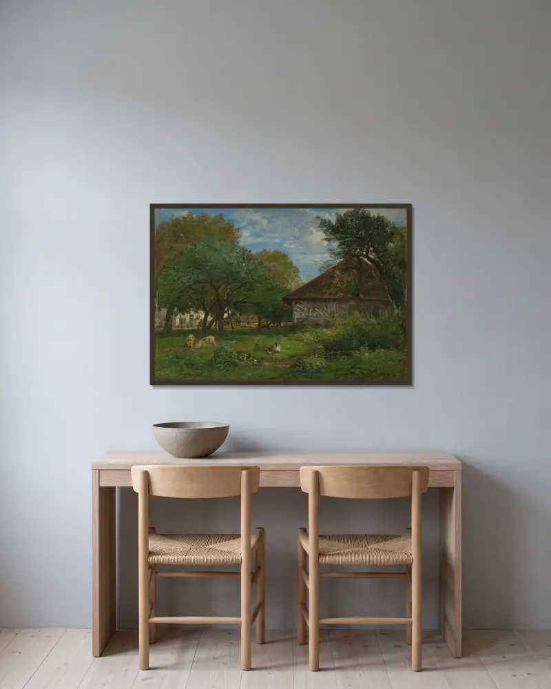 Gård i närheten av Honfleur av Eugène Boudin inramad på en vägg