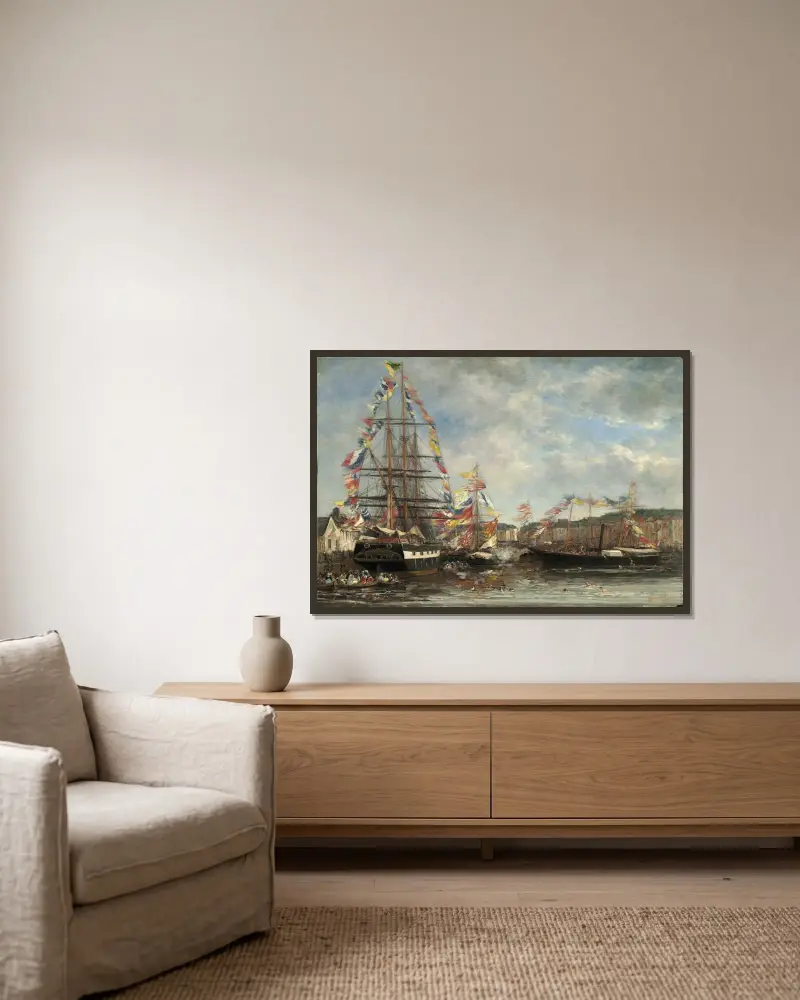Festival i Honfleurs hamn av Eugène Boudin inramad på en vägg