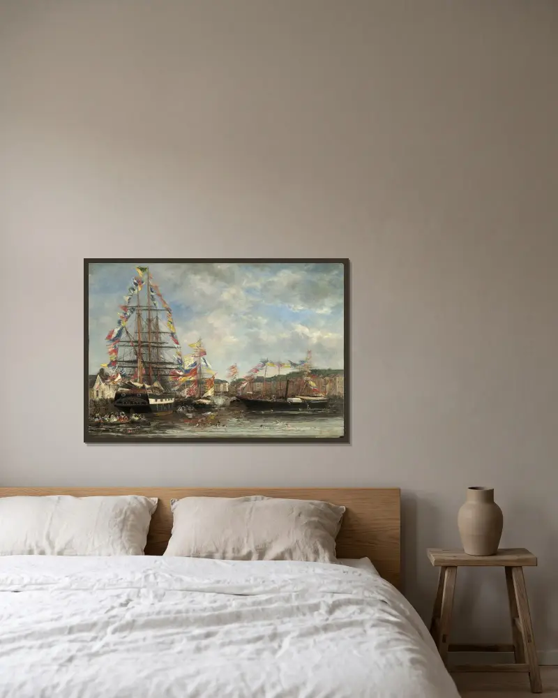 Festival i Honfleurs hamn av Eugène Boudin inramad på en vägg