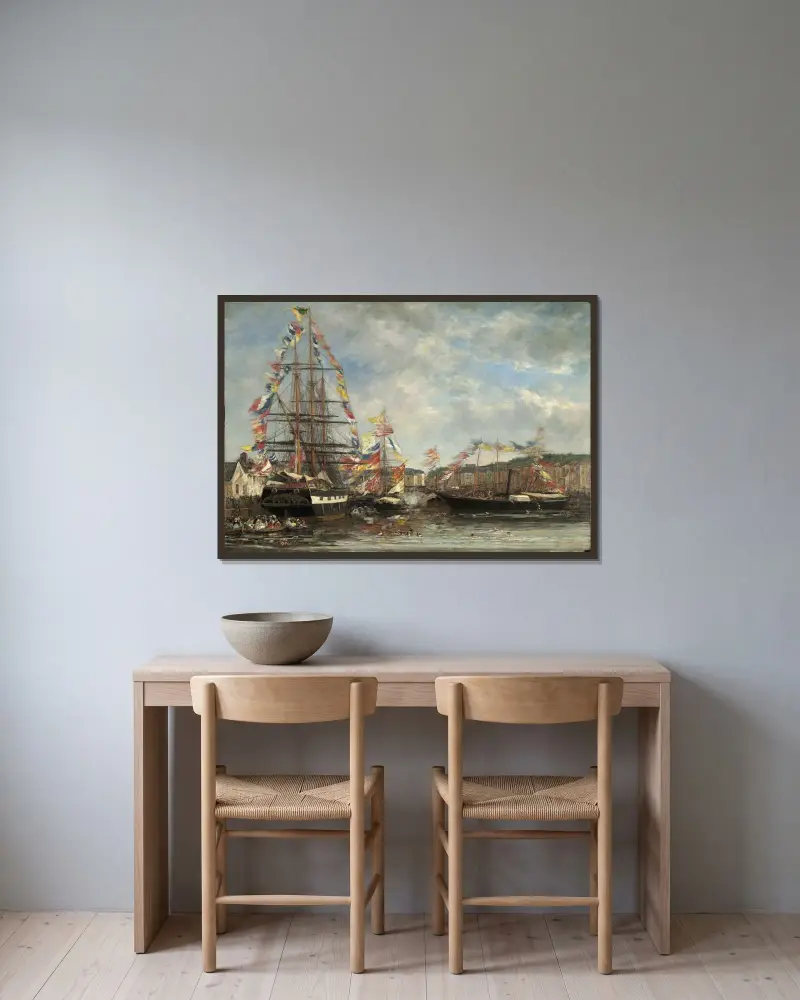 Festival i Honfleurs hamn av Eugène Boudin inramad på en vägg