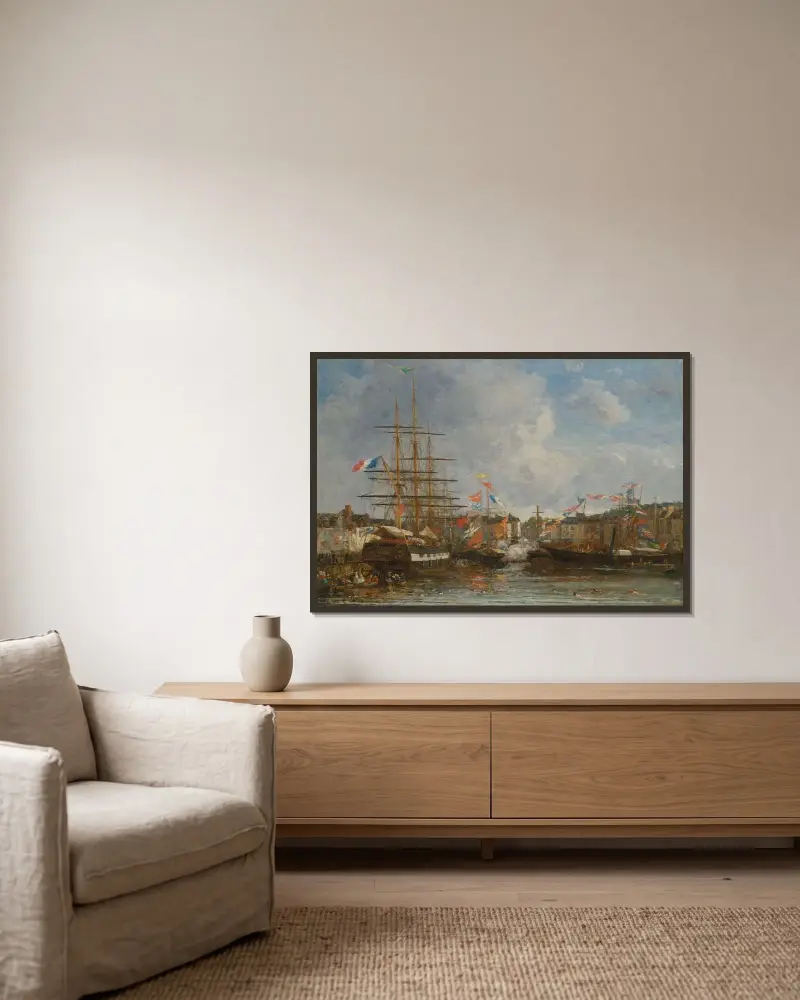 Fest i Honfleurbassängen av Eugène Boudin inramad på en vägg