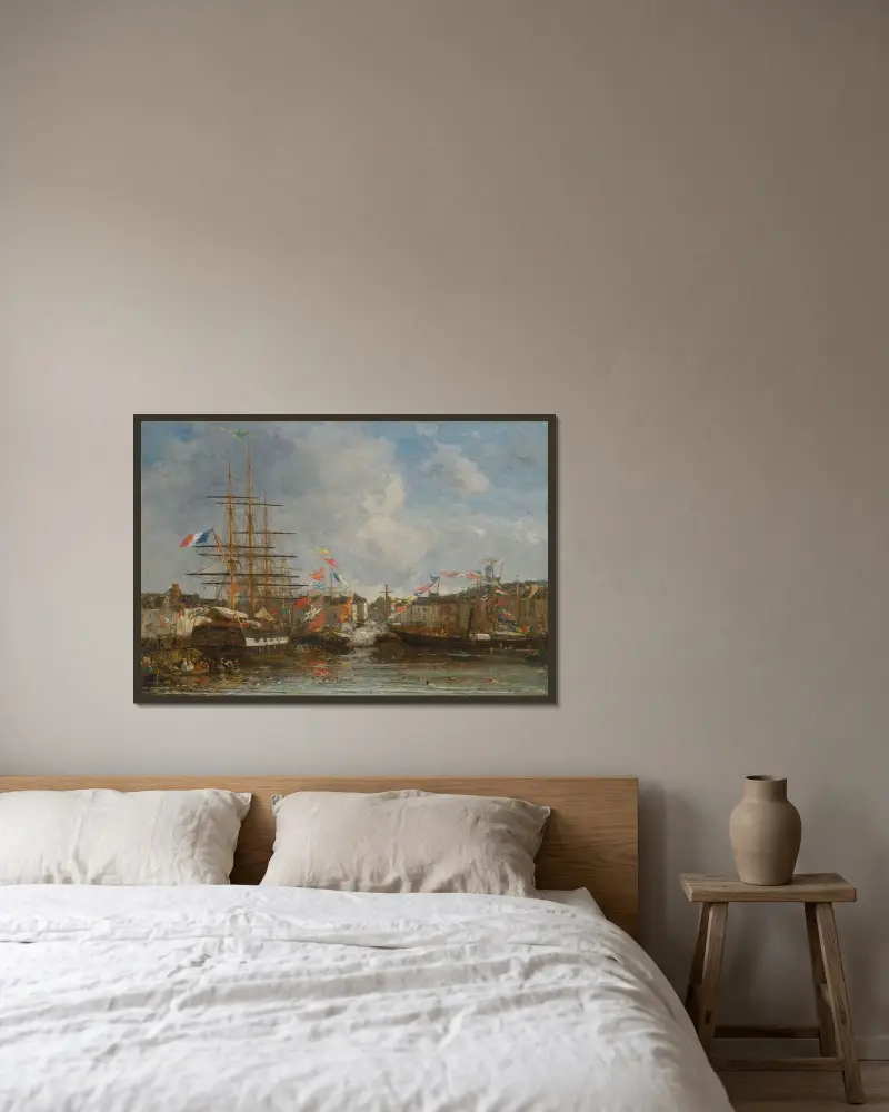 Fest i Honfleurbassängen av Eugène Boudin inramad på en vägg