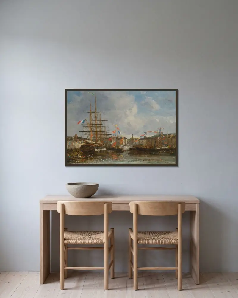 Fest i Honfleurbassängen av Eugène Boudin inramad på en vägg
