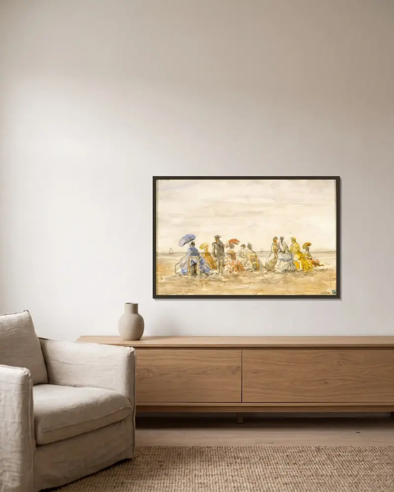 Figurer på stranden vid Trouville av Eugène Boudin inramad på en vägg