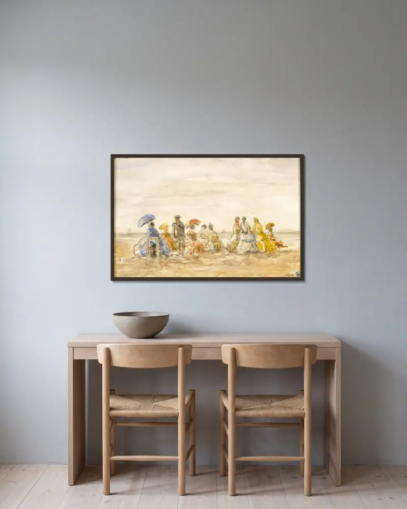 Figurer på stranden vid Trouville av Eugène Boudin inramad på en vägg