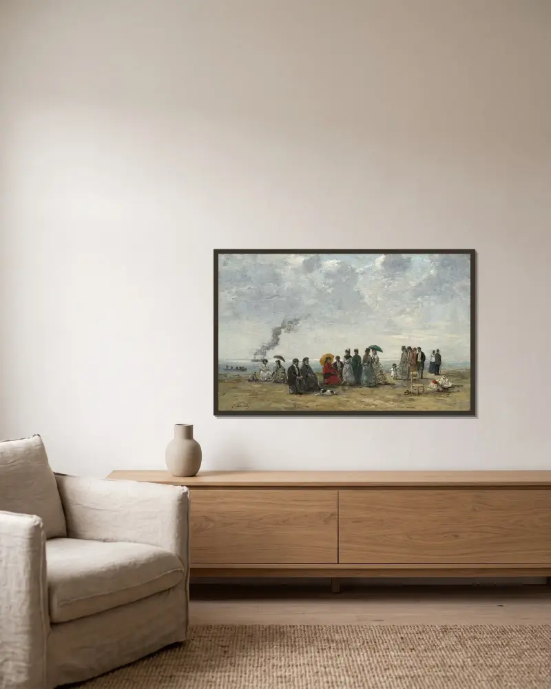 Figurer på stranden av Eugène Boudin inramad på en vägg