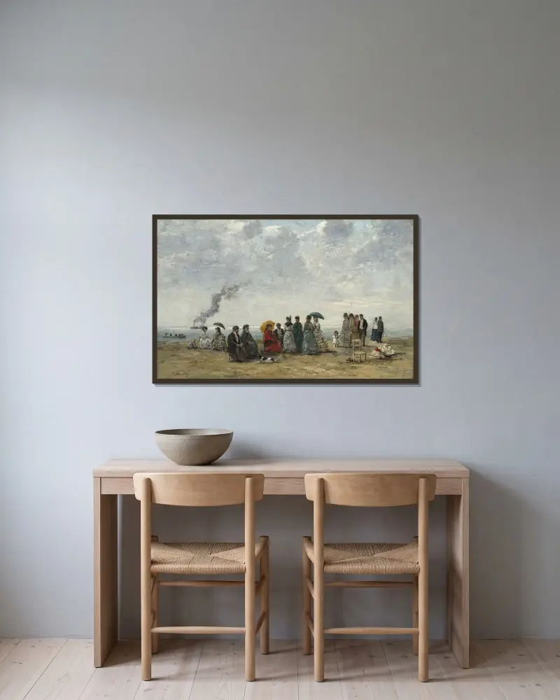 Figurer på stranden av Eugène Boudin inramad på en vägg