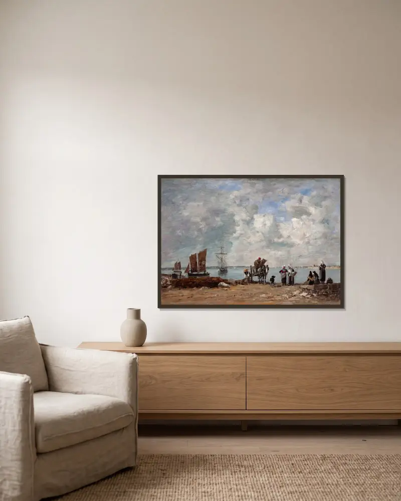 Fiskarhustrur vid havet av Eugène Boudin inramad på en vägg