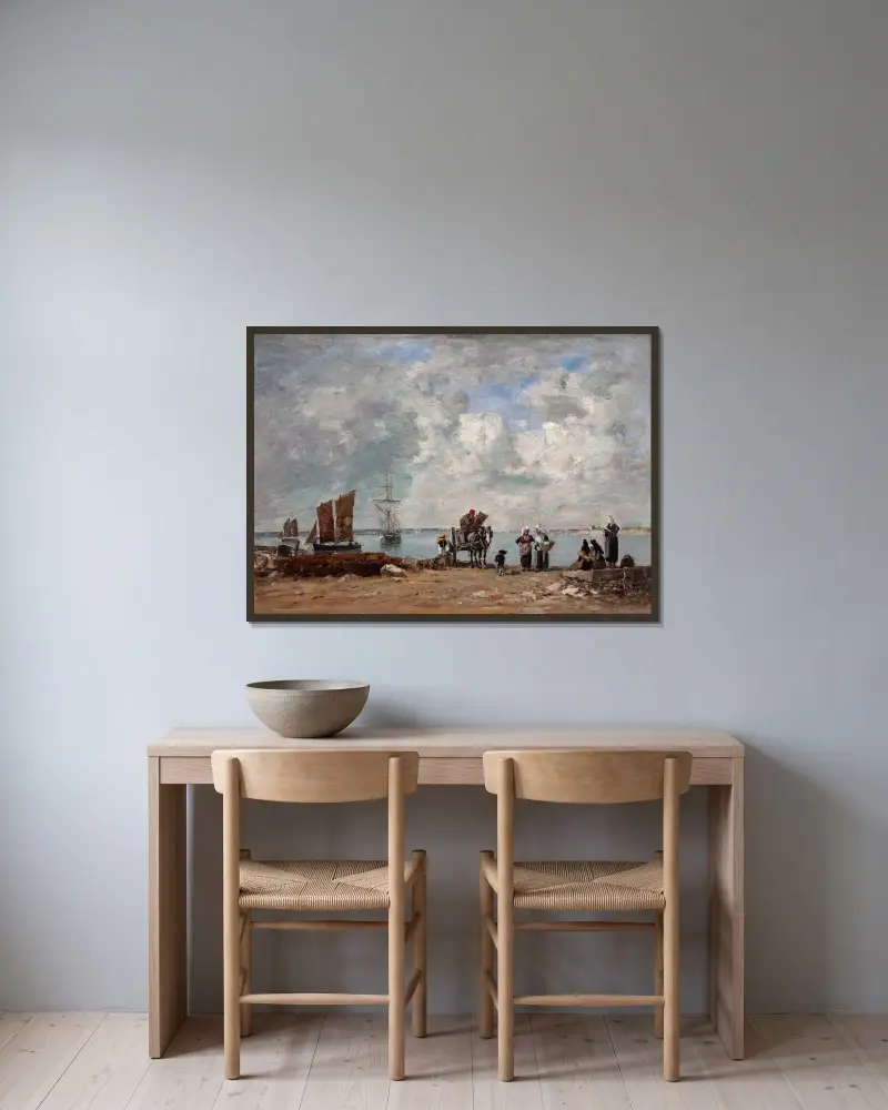 Fiskarhustrur vid havet av Eugène Boudin inramad på en vägg